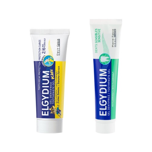 Набор ЭЛЬГИДИУМ ЗУБНАЯ ПАСТА-ГЕЛЬ СЕНСИТИВ 75МЛ + ЭЛЬГИДИУМ ЗУБНАЯ ПАСТА-ГЕЛЬ ДЛЯ ДЕТЕЙ ОТ 2 ДО 6 ЛЕТ ЗАЩИТА ОТ КАРИЕСА СО ВКУСО