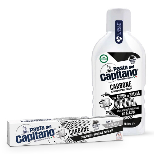Набор PASTA DEL CAPITANO: зубная паста отбеливающая + ополаскиватель с древесным углем - по выгодной цене!