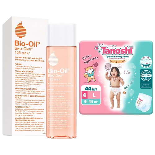 Набор Tanoshi трусики-подгузники для детей размер L 9-14кг n44 + Bio-oil масло косметическое 125мл