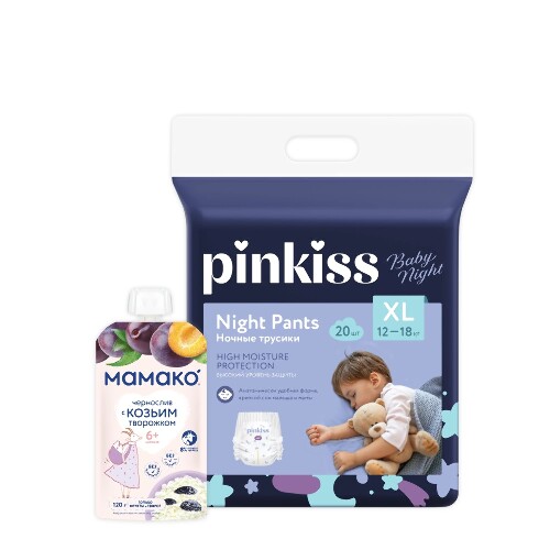 Набор Pinkiss подгузники-трусики baby night XL/12-18кг/20шт + МАМАКО пюре чернослив с козьим творожком 120г