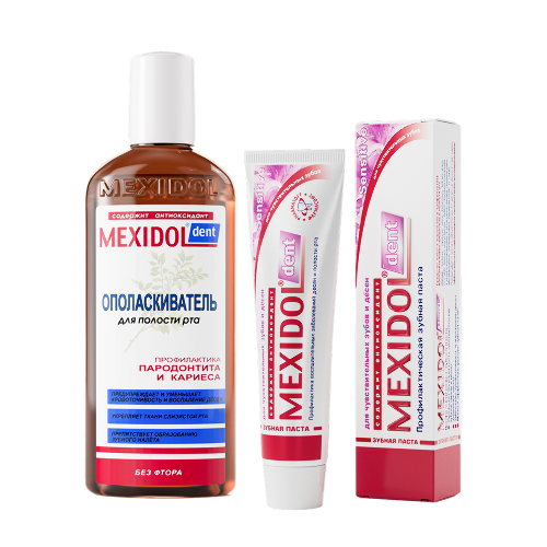 Набор MEXIDOL DENT ЗУБНАЯ ПАСТА SENSITIVE 100,0 + MEXIDOL DENT ОПОЛАСКИВАТЕЛЬ Д/ПОЛОСТИ РТА 300МЛ со скидкой