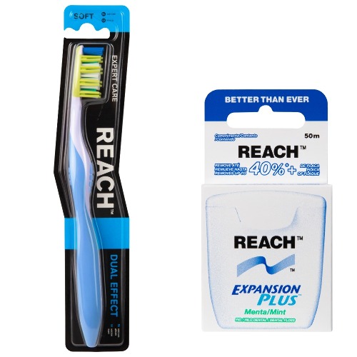 Набор Reach зубная щетка dual effect массаж десен /мягкая/ + Reach зубная нить пропитанная воском с мятным вкусом 50м