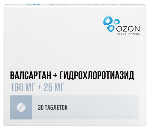 Валсартан+гидрохлоротиазид 160 мг + 25 мг 30 шт. таблетки, покрытые пленочной оболочкой