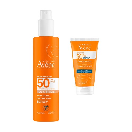Набор AVENE: СПРЕЙ СОЛНЦЕЗАЩИТ НЕВИДИМЫЙ Д/ЧУВСТВИТ КОЖИ SPF50 200МЛ + ФЛЮИД СОЛНЦЕЗАЩИТНЫЙ SPF 50+ БЕЗ ОТДУШЕК