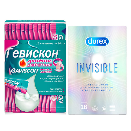 Набор Gaviscon Двойное действие сусп внутрь 10млх12 саше + Презервативы Durex Invisible (ультратонкие) Презервативы 18
