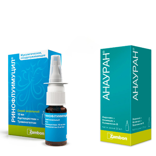 Набор Анауран 25мл ушные капли и Ринофлуимуцил 10мл спрей со скидкой