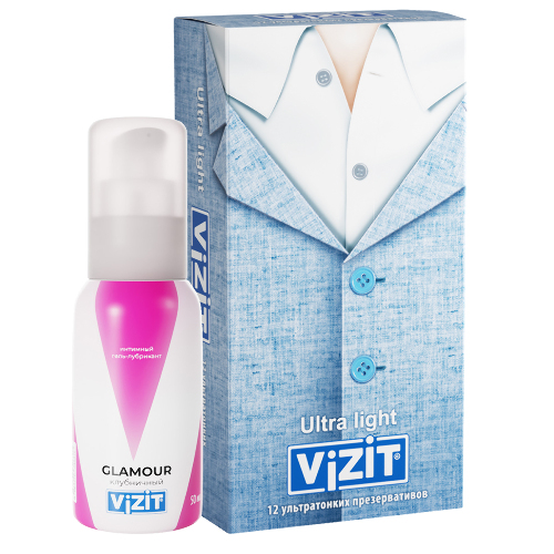 Набор Vizit гель-лубрикант Glamour клубничный 50 мл + Vizit презерватив ultra light ультратонкие 12 шт.