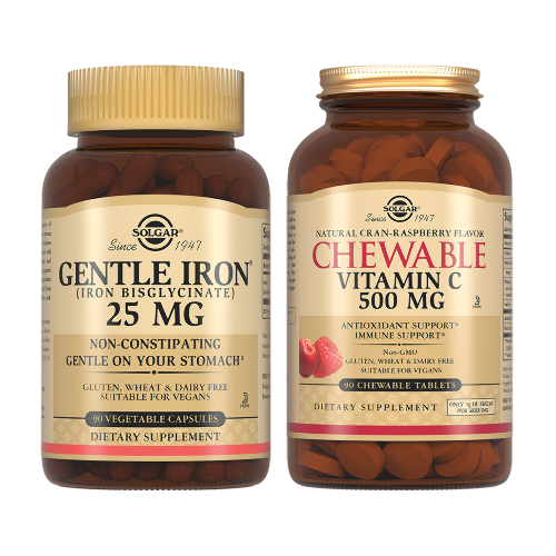 Набор Solgar Легкодоступное железо джентл айрон №90 капс + Витамин С №90 табл жев/малина со скидкой