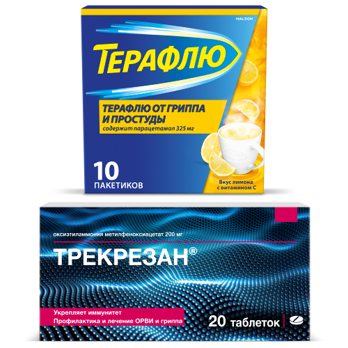 Набор Терафлю от гриппа и простуды порошок 10 шт. со вкусом лимона + Трекрезан 200 мг 20 шт. таблетки со скидкой 15%