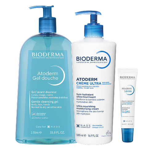 Набор BIODERMA Atoderm: Гель д/душа для нормальной и сухой кожи 1л + Крем Ультра 500мл + Бальзам д/губ 15мл