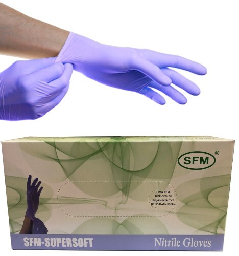 Перчатки смотровые sfm нитриловые нестерильные l 100 пар/фиолетово-голубой неопудренные текстурированные хлоринация однократная