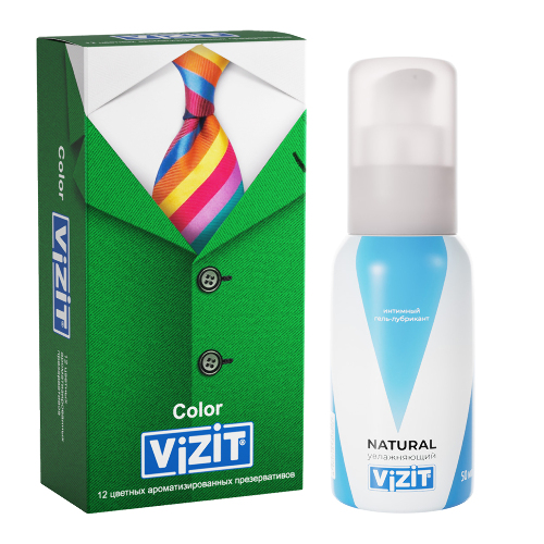 НАБОР VIZIT ГЕЛЬ-ЛУБРИКАНТ NATURAL УВЛАЖНЯЮЩИЙ 50МЛ + ПРЕЗЕРВАТИВ VIZIT COLOR ЦВЕТНЫЕ АРОМАТИЗИРОВАННЫЕ  N12
