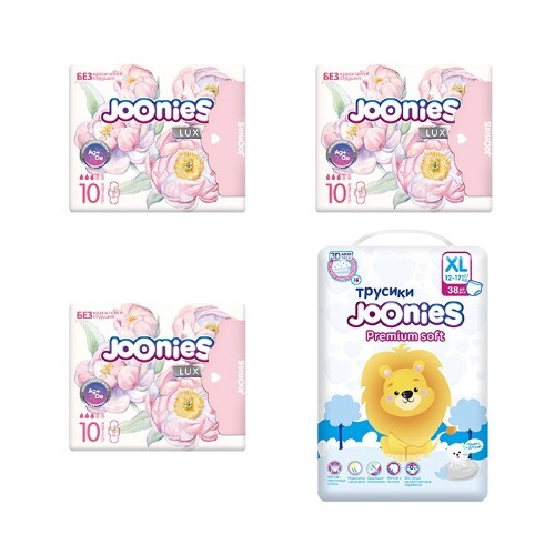Набор JOONIES: подгузники для детей PREMIUM SOFT XL/12-17КГ N38 + 3 уп. женских дневных прокладок