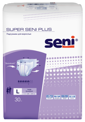 Купить Seni super plus подгузники для взрослых размер large обхват талии 100-150 30 шт. цена