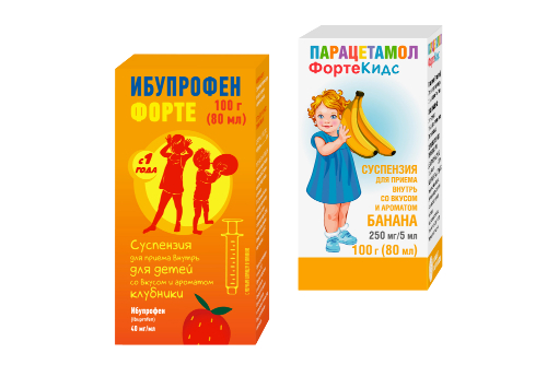 Набор жаропонижающих средств для малышей: Ибупрофен Форте 100г (клубника) + Парацетамол ФортеКидс (банан) со скидкой