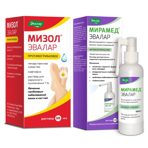 Набор МИЗОЛ ЭВАЛАР 1% 50МЛ Р-Р Д/НАРУЖ ПРИМ + МИРАМЕД ЭВАЛАР 0,01% 150МЛ ФЛАК Р-Р Д/МЕСТ/НАРУЖ ПРИМ+НАСАДКА-РАСПЫЛИТЕЛЬ