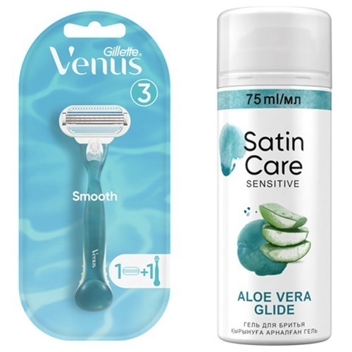 Набор Gillette venus бритва со сменной кассетой + Гель д/бритья satin care sensitive aloe vera glide 75мл