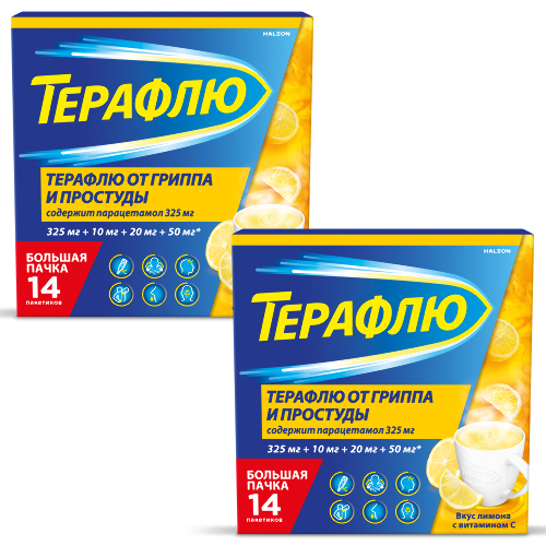 Набор из 2-х уп Терафлю от гриппа и простуды N14 пак пор/лимон со скидкой 30% на вторую упаковку
