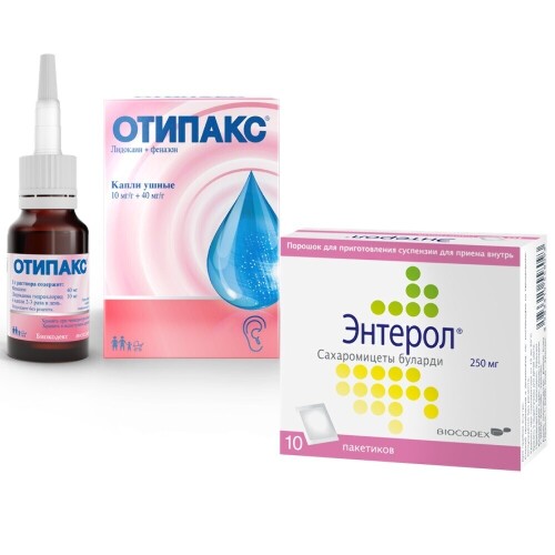 Набор ОТИПАКС КАПЛИ УШНЫЕ + ЭНТЕРОЛ ПОРОШОК Д/ПРИГОТОВЛ СУСПЕНЗИИ  10 ШТ со скидкой