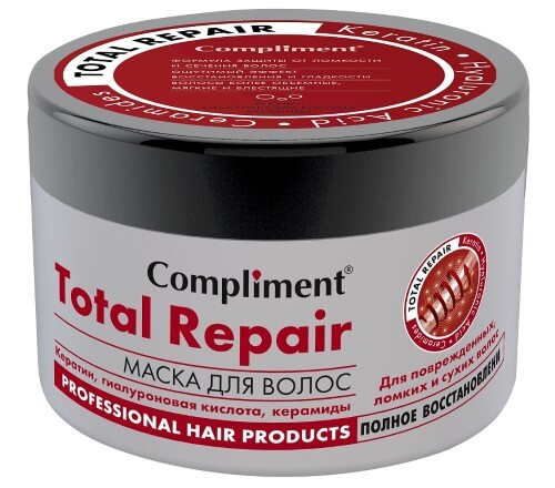 Купить Compliment маска для волос total repair с кератином гиалуроновой кислотой керамидами для поврежденных ломких и сухих волос полное восстановление 500 мл цена