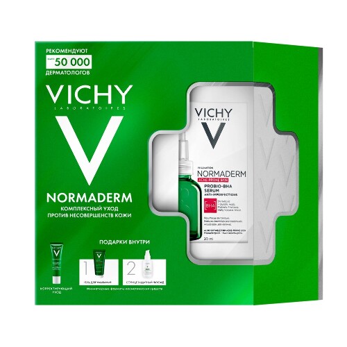 Vichy набор/normaderm сыворотка 30 мл+уход корректирующий 30 мл+phytosolution гель для умывания 50 мл+флюид uv-clear spf50+ 3 мл/