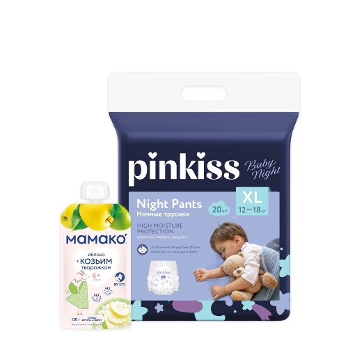 Набор Pinkiss подгузники-трусики baby night XL/12-18кг/20шт + МАМАКО пюре яблоко с козьим творожком 120г