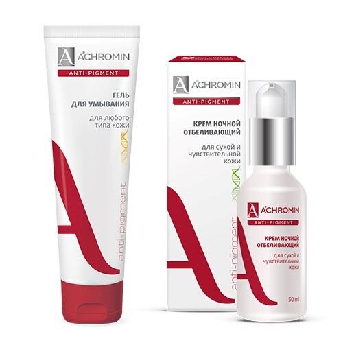 Набор ACHROMIN ANTI-PIGMENT против пигментации: ночной крем отбеливающий для сухой и чувствительной кожи + гель для умывания