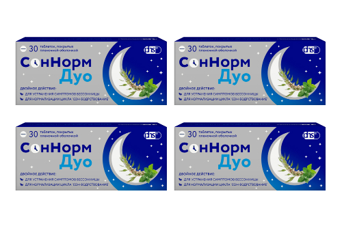 Набор "А теперь пора спать" с мелатонином и растительными компонентами: СонНорм Дуо таб №30 - 4 уп. со скидкой