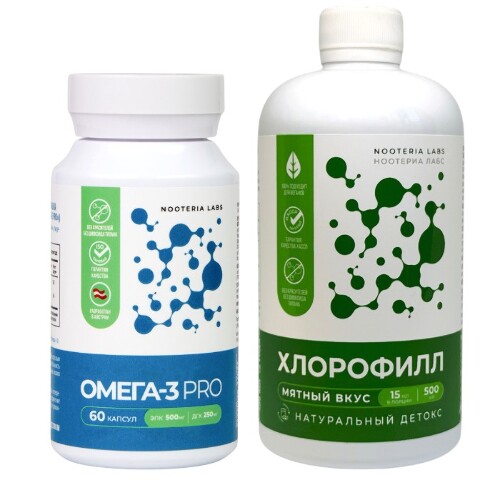 Набор NOOTERIA LABS ОМЕГА-3 N60 капс + ХЛОРОФИЛЛ 500МЛ флакон, со скидкой