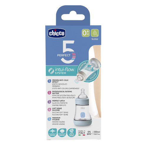 Chicco perfect 5 бутылочка полипропиленовая+соска силиконовая 0+ 150 мл/голубая