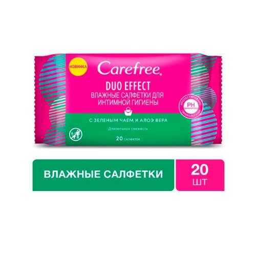 Купить Carefree duo effect салфетки влажные для ежедневной интимной гигиены с зеленым чаем и алоэ вера 20 шт. цена