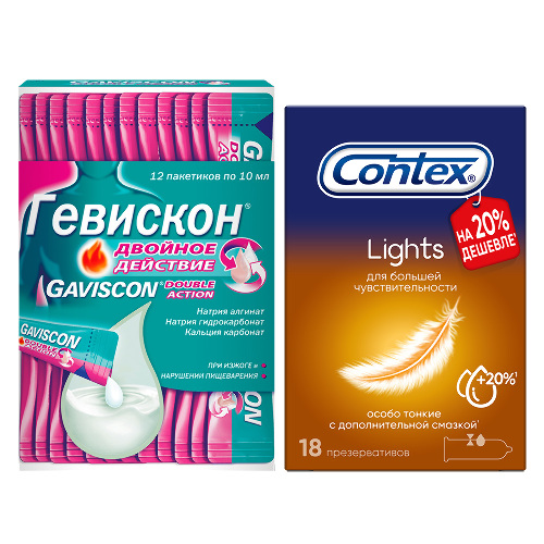 Набор Gaviscon Двойное действие сусп внутрь 10млх12 саше + Презервативы Contex Lights 18