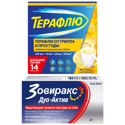 Набор Терафлю от гриппа и простуды порошок для приготовления раствора пакет 14 шт. вкус лимон + Зовиракс дуо-актив 5% + 1% крем для наружного применения 2 гр по спец.цене