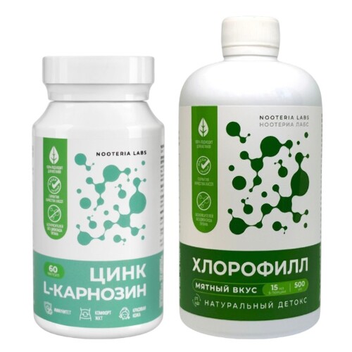 Набор NOOTERIA LABS: ХЕЛАТ ЦИНКА-L-КАРНОЗИН N60 капс + ХЛОРОФИЛЛ 500МЛ ФЛАКОН, со скидкой