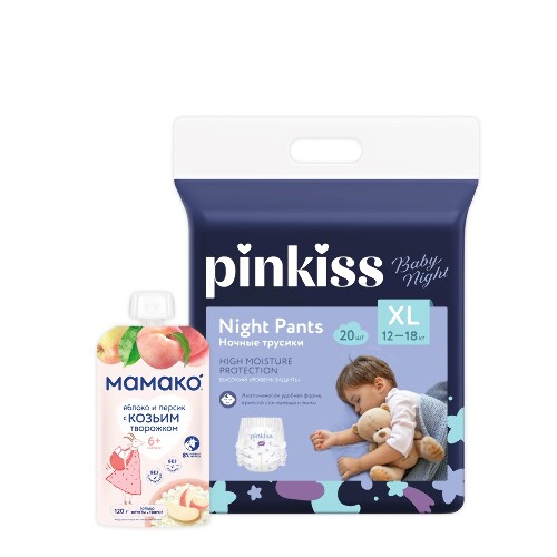 Набор Pinkiss Подгузники-трусики Baby Night XL (12-18 кг) 20 шт. + МАМАКО ПЮРЕ ЯБЛОКО И ПЕРСИК С КОЗЬИМ ТВОРОЖКОМ 120