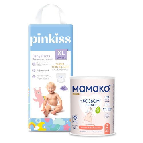 Набор МАМАКО-3 PREMIUM НАПИТОК СУХОЙ НА КОЗЬЕМ МОЛОКЕ С ОЛИГОСАХАРИДАМИ ГРУДНОГО МОЛОКА 400г + PINKISS ПОДГУЗНИКИ-ТРУСИКИ XL/12-
