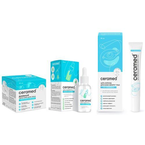 Набор Ceramed для сухой и чувстительной кожи лица: крем для лица + сыворотка себорегулирующая + флюид д/кожи вокруг глаз