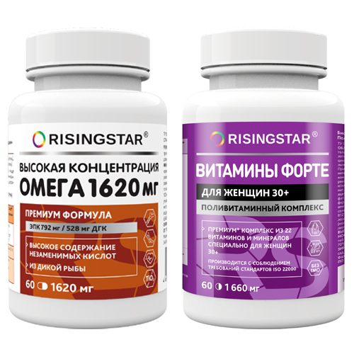 Набор RISINGSTAR: ОМЕГА-3 жирные кислоты высокой концентрации 60 капс. по 1620 мг + ВИТАМИНЫ ФОРТЕ для женщин 60 табл.