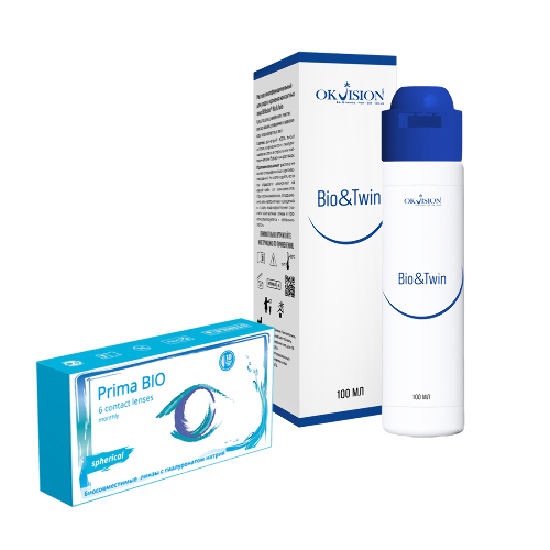 Набор OKVISION PRIMA BIO SPHERICAL 8,6/14,2 N6/-6,00/  мягкие линзы + OKVISION BIO&TWIN 100 мл р-р д/ухода за линзами