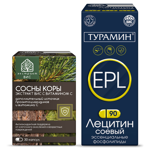 Набор ТУРАМИН ЭССЕНЦИАЛЬНЫЕ ФОСФОЛИПИДЫ EPL (ЛЕЦИТИН СОЕВЫЙ) N90 КАПС ПО 0,63Г + СОСНЫ КОРЫ ЭКСТРАКТ ВИС С ВИТАМИНОМ С N30 КАПС ПО 0,3Г