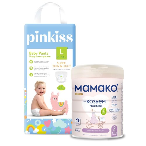 Набор МАМАКО-2 PREMIUM СМЕСЬ СУХАЯ НА КОЗЬЕМ МОЛОКЕ С ОЛИГОСАХАРИДАМИ ГРУДНОГО МОЛОКА 800г + PINKISS ПОДГУЗНИКИ-ТРУСИКИ L/9-14 к