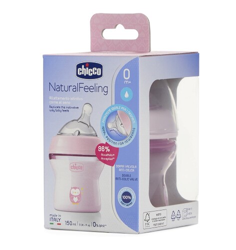 Chicco natural feeling бутылочка для кормления соска силиконовая наклонная 0+ 150 мл/розовая