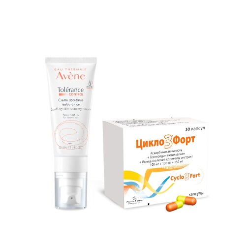 Набор AVENE TOLERANCE CONTROL КРЕМ ВОССТАНАВЛИВАЮЩИЙ УСПОКАИВАЮЩИЙ 40МЛ + ЦИКЛО 3 ФОРТ 0,1+0,15+0,15 N30 КАПС