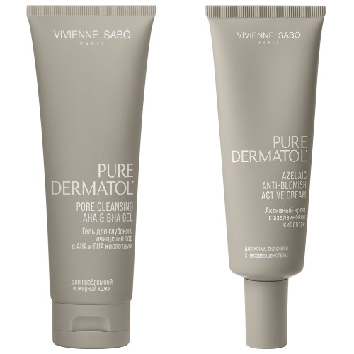 Набор Vivienne sabo pure dermatol гель для глубокого очищения пор с aha b bha кислотами 120мл + крем с азелаиновой кислотой активный 50мл