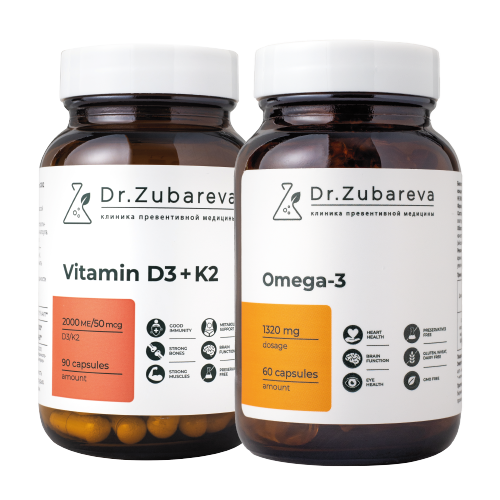 НАБОР DR ZUBAREVA ПО СПЕЦ ЦЕНЕ VITAMIN D3K2 2000 МЕ 90 ШТ. + ОМЕГА-3 ЖИРНЫЕ КИСЛОТЫ ВЫСОКОЙ КОНЦЕНТРАЦИИ 60 ШТ. 