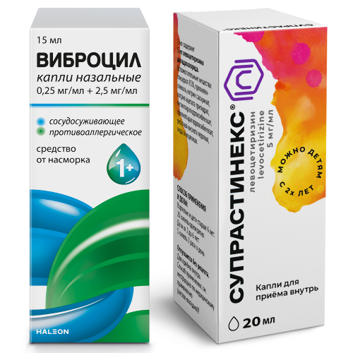 Набор СУПРАСТИНЕКС 0,005/МЛ 20МЛ ФЛАК КАПЛИ+Виброцил 35,125 мкг/доза+351,25 мкг/доза (95 доз) флакон спрей назальный дозированны