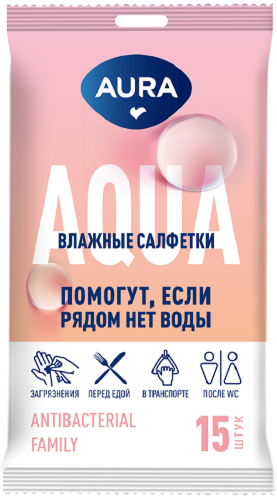 Aura влажные салфетки антибактериальные 15 шт