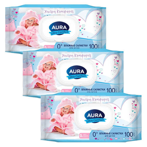 Набор  AURA ULTRA COMFORT Влажные салфетки для детей с крышкой 100шт из 3 упаковок со скидкой 20%