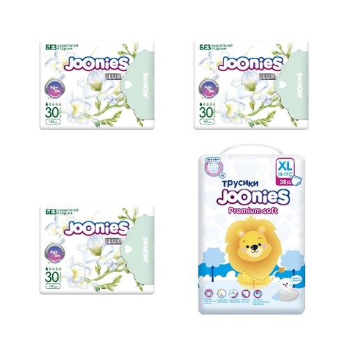 Набор JOONIES: подгузники для детей PREMIUM SOFT XL/12-17КГ N38 + 3 уп. женских ежедневных прокладок