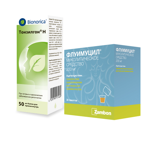 Набор из 1 уп Тонзилгон 50 мл и 1 уп Флуимуцил гранулы 30 пакетиков по специальной цене